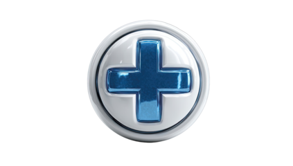 White button with a blue plus sign. A glossy 3D circular button