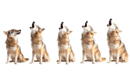 Five coyotes howling with transparent background