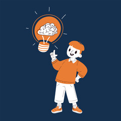 Cartoon vector illustration of a schoolboy struck by an idea with a brain inside a light bulb nearby as a symbol of creativity, inspiration, and learning