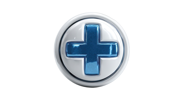 White button with a blue plus sign. A glossy 3D circular button