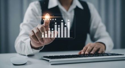 Business professional interacting with a glowing digital financial growth chart on a transparent screen