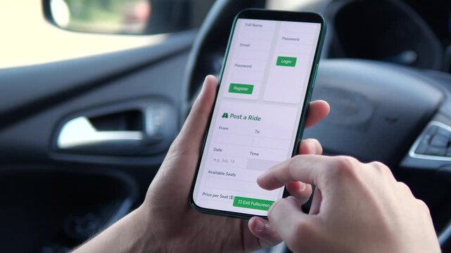 Close-up of a man's hands holding a smartphone with a ridesharing or passenger delivery app open.