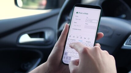 Close-up of a mans hands holding a smartphone with a ridesharing or passenger delivery app open. 