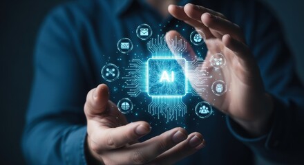 Person holding a glowing artificial intelligence chip surrounded by digital icons representing technology and innovation concepts