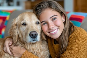 Happy teenager girl hugging golden retriever at home