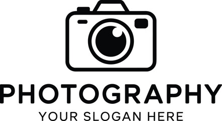 Camera Icon Design with Text Photography and Slogan on White Background Studio