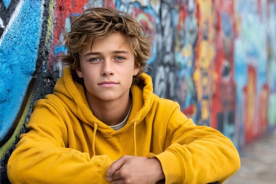 Fototapeta Young boy posing with graffiti wall background