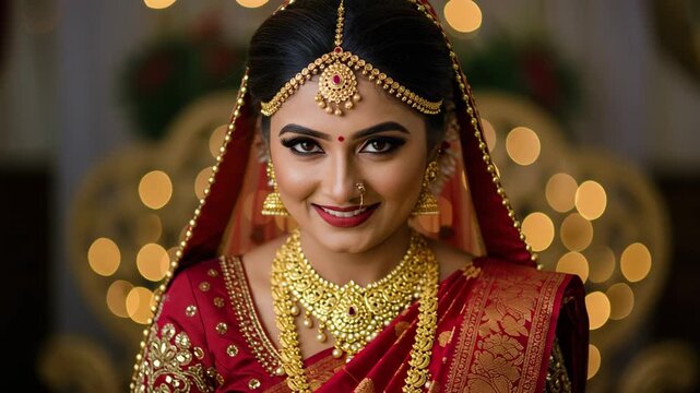 Beautiful indian bride adorned in gold jewelry smiling 4k video, ai generated