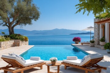Fototapeta premium Infinity pool overlooking tranquil ocean with breathtaking mountain view