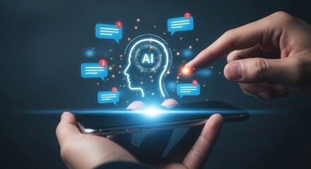 Human hands interact with a glowing digital artificial intelligence brain interface displaying communication bubbles