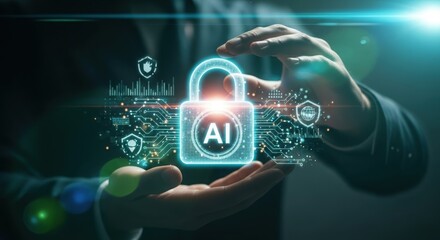 Futuristic artificial intelligence security concept with glowing digital padlock and circuit board elements