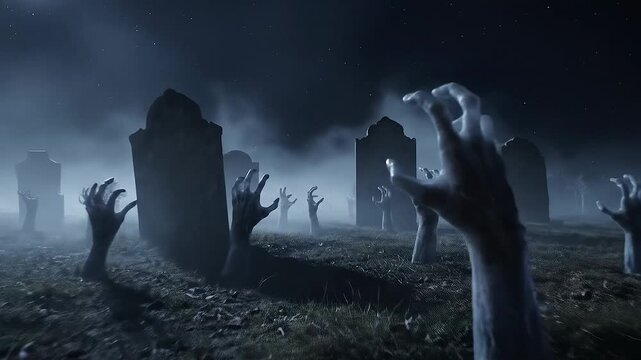 A chilling graveyard scene at night with numerous zombie hands emerging from the misty ground, reaching upwards towards the dark sky, with tombstones silhouetted in the background.