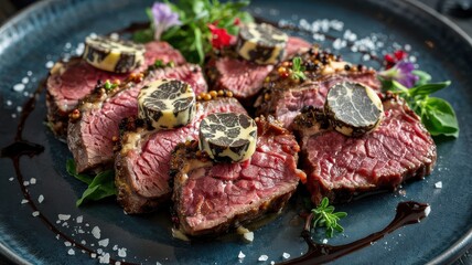 Gourmet truffle butter steak medallions with compound butter and microgreens on dark slate plate