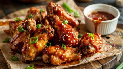Honey sriracha wings with sesame seeds and green onions on parchment paper, glazed chicken wings with dipping sauce on wooden board, spicy sweet appetizer food photography