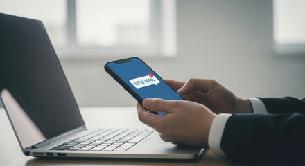 Close up of a businessman s hands using a smartphone with a notification on the screen next to a laptop