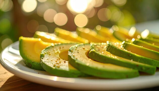 Close-up of sliced avocado on a plate in golden sunlight, symbolizing healthy eating, freshness, and summer meals - Powered by Adobe