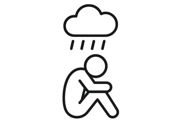 Sad figure seated under a cloud with rain representing emotions and mental health struggles