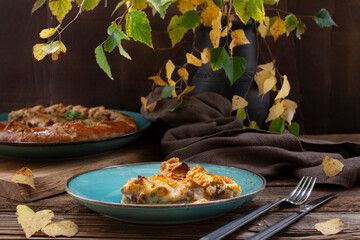 Homemade savory open pie galette with fresh forest edible mushrooms golden chanterelle