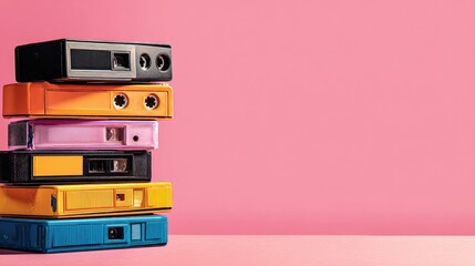 Obraz premium Vintage cameras stacked against a pink background.