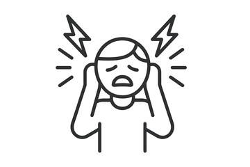 Person experiencing discomfort from loud noise while holding their ears in an expressive manner