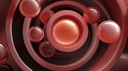 Abstract representation of blood flow in circular vessels with red cells and round bubbles, illustrating biological processes