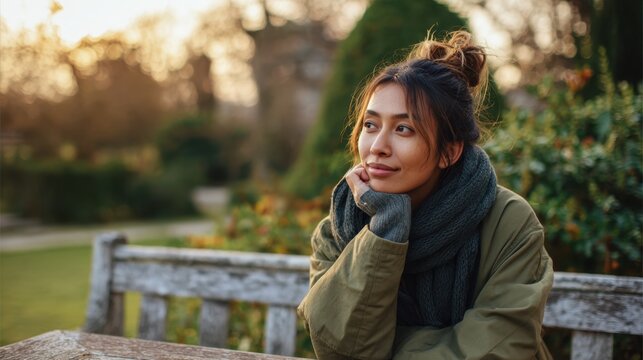Person sitting outdoors on a bench focused expression with nature softly blurred in the background capturing a peaceful moment of reflection.
