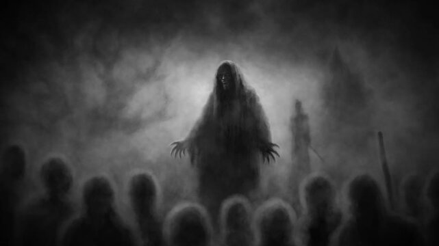Scary shadows emerge from the fog. Creepy 2D animation. Horror fantasy genre. Coal and noise effect. Gloomy character from nightmares. Black and white background colors.