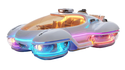 Futuristic, white, hovercraft vehicle with vibrant lights