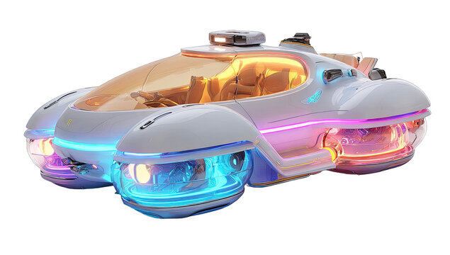 Futuristic, white, hovercraft vehicle with vibrant lights