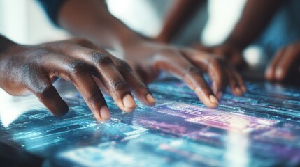 Close medium shot of a project managers hands highlighting AI risks on a digital interface background meeting notes and team members softly blurred.