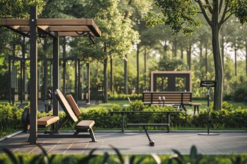 Modern fitness equipment under a canopy promotes healthy lifestyle in a green urban environment