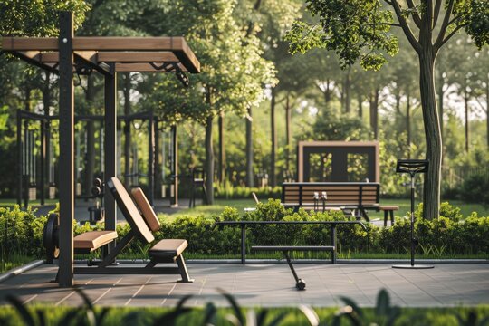 Modern fitness equipment under a canopy promotes healthy lifestyle in a green urban environment