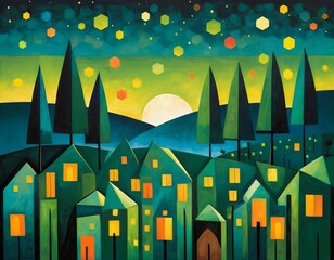 Obraz premium Abstract Village Scene at Night with Glowing Windows and Geometric Shapes