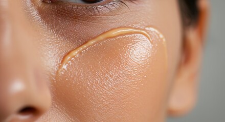A closeup of skin with a curved line of foundation or lotion applied