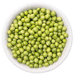 Fresh green peas in bowl isolated on white background. Top view