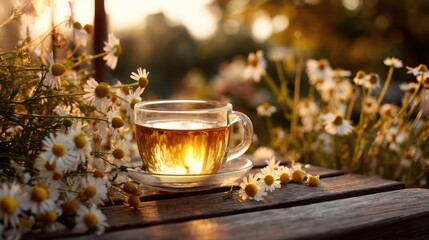 Chamomile tea with daisies in the golden light