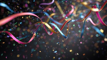 Spiraling colorful ribbons and bokeh-like confetti against a dark, diffused background