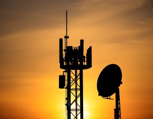 Telecommunication Towers Silhouetted Against Golden Sunset Sky
