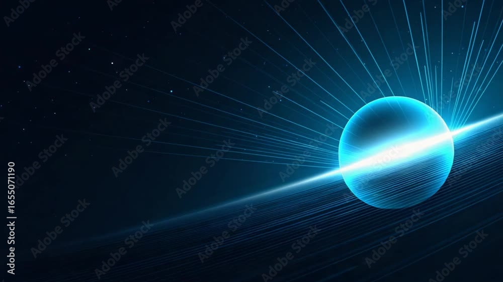 Wall mural blue abstract image featuring a glowing sphere with light bursts and linear patterns against a dark 