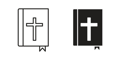 Fototapeta premium Two simple Bible icons: one line art, one solid black, both featuring a cross. Isolated on white.