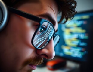 Close-Up of Focused Male Programmer Wearing Glasses and Headphones in Front of Code Screen