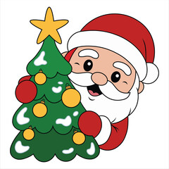 Santa Claus Decorating Christmas Tree. Cute Holiday Cartoon Vector and Illustration.
