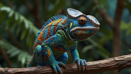 Obraz premium colorful chameleon on forest branch – vibrant reptile with natural camouflage