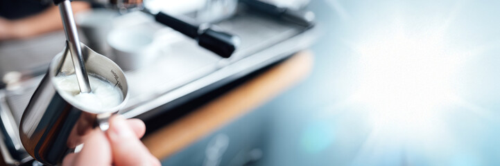Barista Steaming Milk Wide Banner with Copy Space