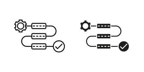 Two variations of workflow process icons, featuring a gear, data blocks, and a check mark, isolated on white background.