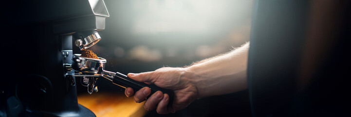 Barista Preparing Coffee in Wide Banner with Copy Space
