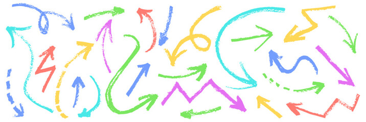 Set of childlike arrows in chalk, marker, crayon and pastel. Perfect for kids, school, kindergarten projects colors include blue, green, coral, purple and yellow. Vector grunge style collage elements