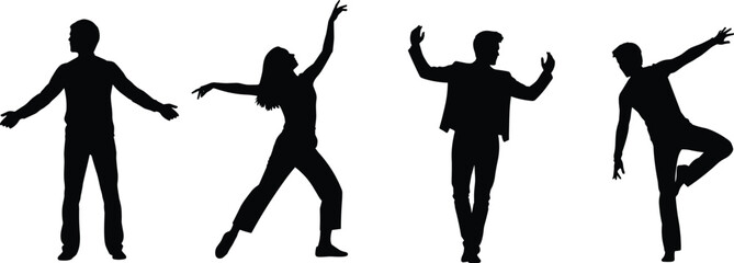 Silhouettes of people in various poses, standing, bending, balancing, dynamic movement, dance, fitness, yoga, body posture, black vector illustration