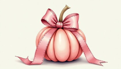 Pink pumpkin with a bow on a soft pastel background
