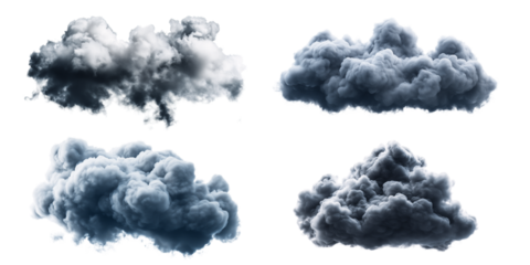 Four fluffy, gray cloud formations float gently on transparent background, suggesting an impending storm